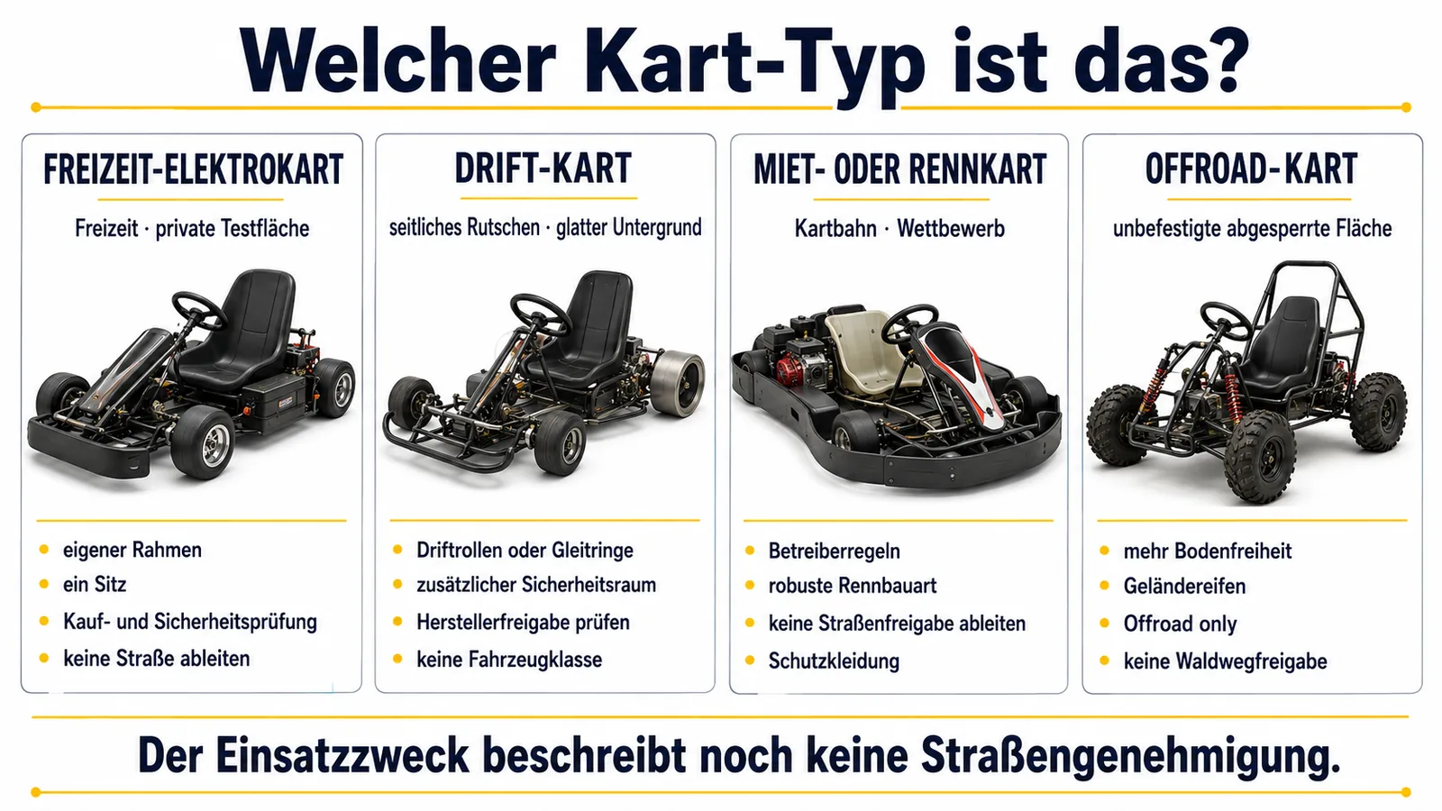 Vergleich von Freizeit-Elektrokart, Drift-Kart, Miet- oder Rennkart und Offroad-Kart