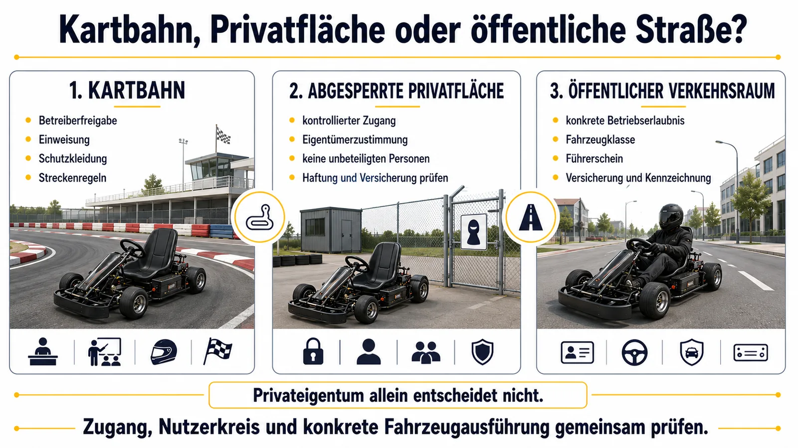 Vergleich von Kartbahn, abgesperrter Privatfläche und öffentlichem Verkehrsraum mit ihren Anforderungen