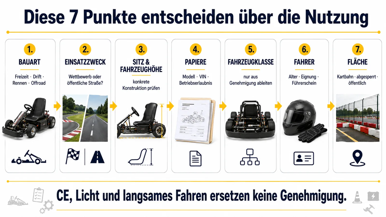 Sieben Prüfpunkte von Bauart und Einsatzzweck über Papiere und Fahrzeugklasse bis zu Fahrer und Fläche