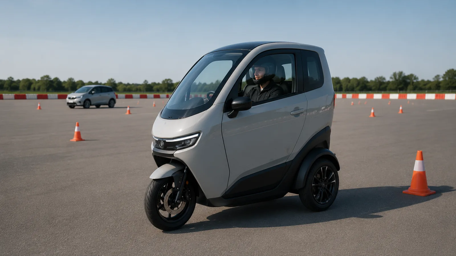 Dreirädriger Elektro-Kabinenroller mit geschlossener Kabine auf abgesperrtem Testgelände in Seitenansicht