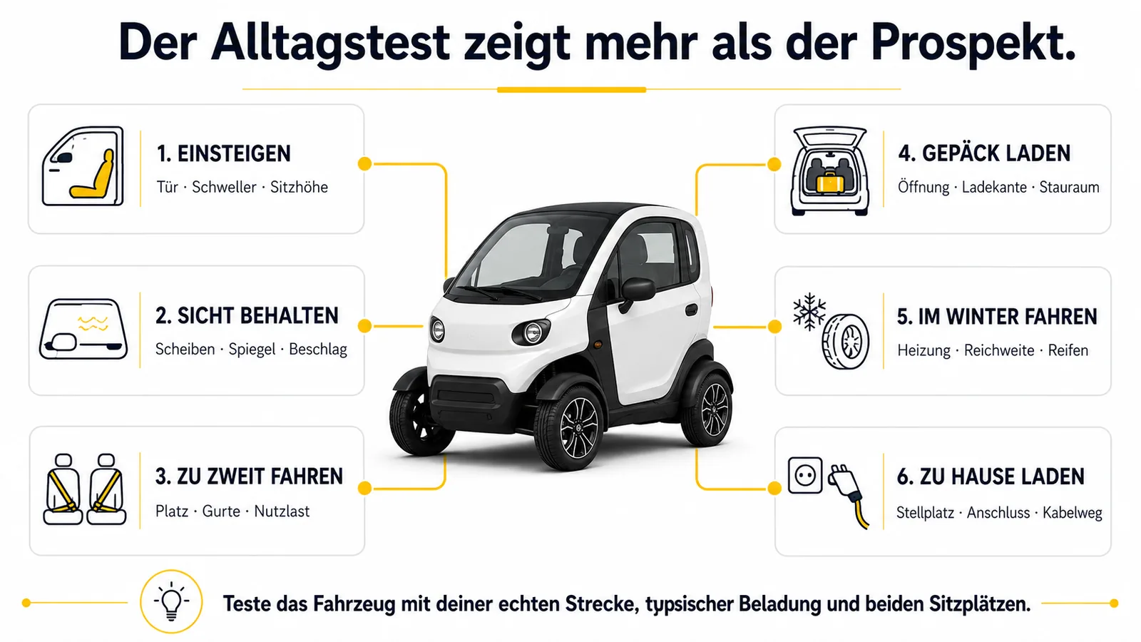 Sechs Alltagstests für Einstieg, Sicht, Sitzplätze, Gepäck, Winter und Laden eines Elektro-Kleinstwagens