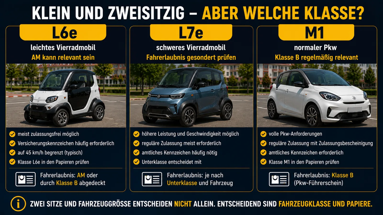 Vergleich der Fahrzeugklassen L6e, L7e und M1 bei Elektro-Kleinstwagen