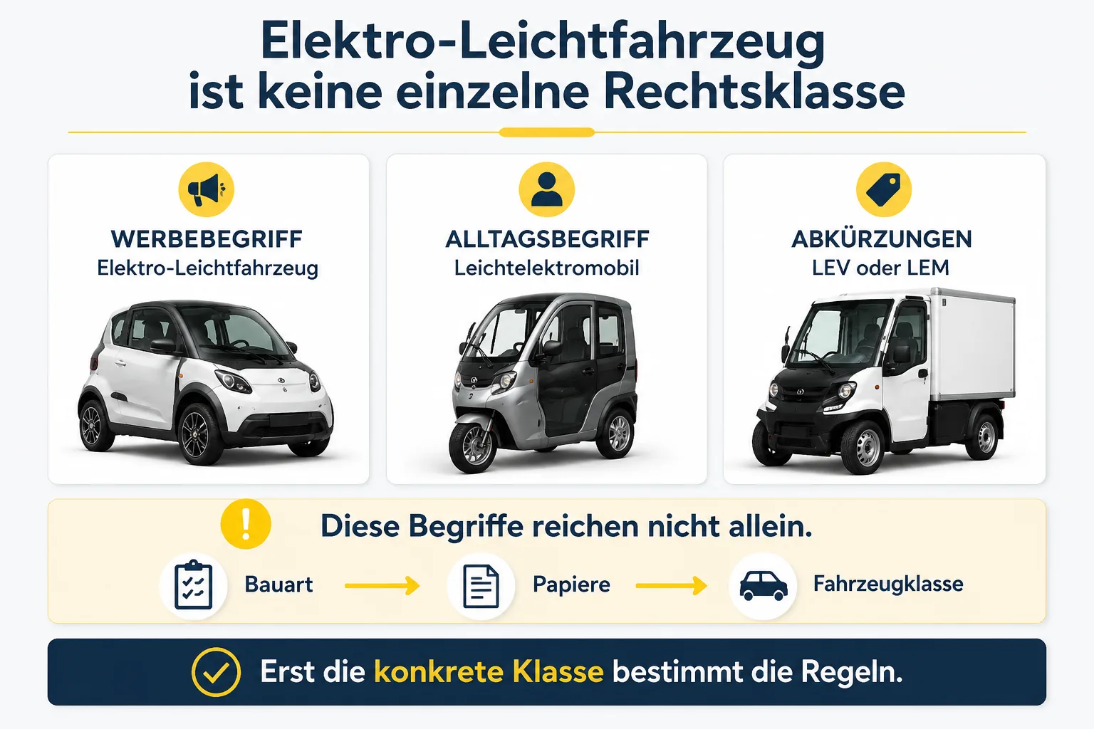 Elektro-Leichtfahrzeug, Leichtelektromobil und LEV/LEM sind Werbe- und Alltagsbegriffe, erst die konkrete Fahrzeugklasse bestimmt die Regeln