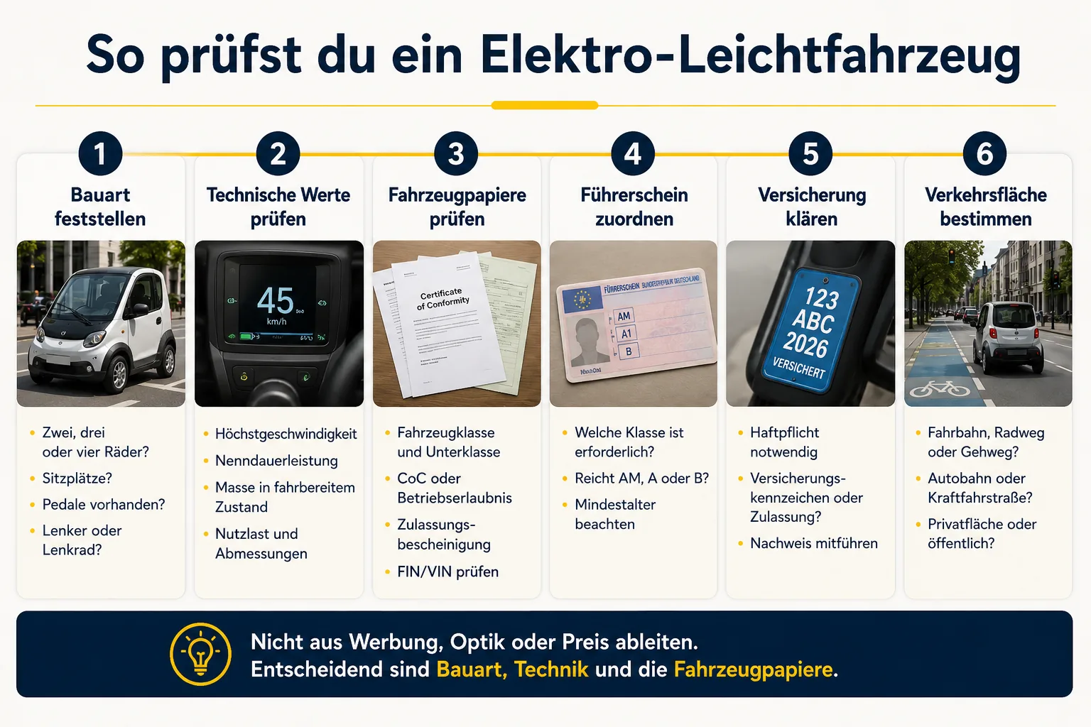 Sechs Prüfschritte für ein Elektro-Leichtfahrzeug: Bauart, technische Werte, Fahrzeugpapiere, Führerschein, Versicherung und Verkehrsfläche