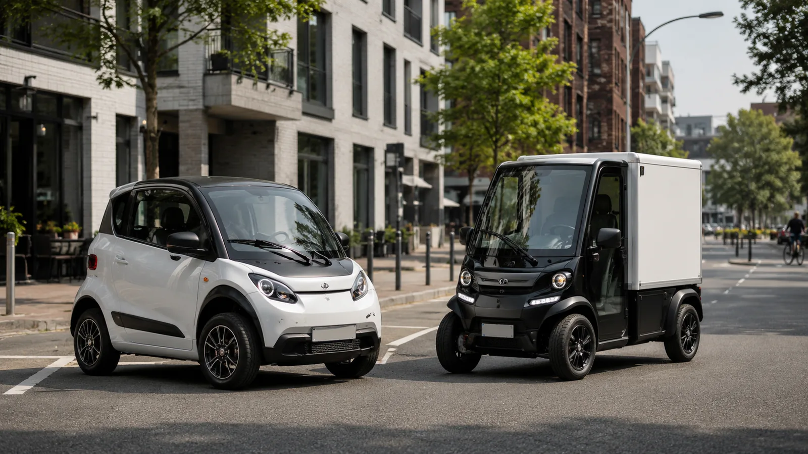 Ein geschlossenes elektrisches Personen-Leichtfahrzeug und ein elektrisches Nutz-Leichtfahrzeug in einer Stadtstraße