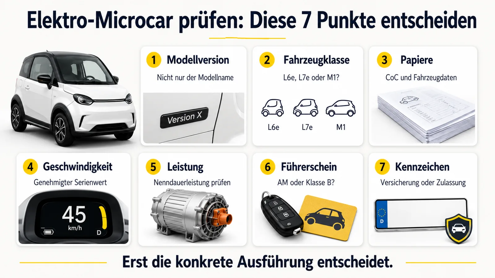 Sieben Prüfpunkte für ein Elektro-Microcar: Modellversion, Fahrzeugklasse, Papiere, Geschwindigkeit, Leistung, Führerschein und Kennzeichen