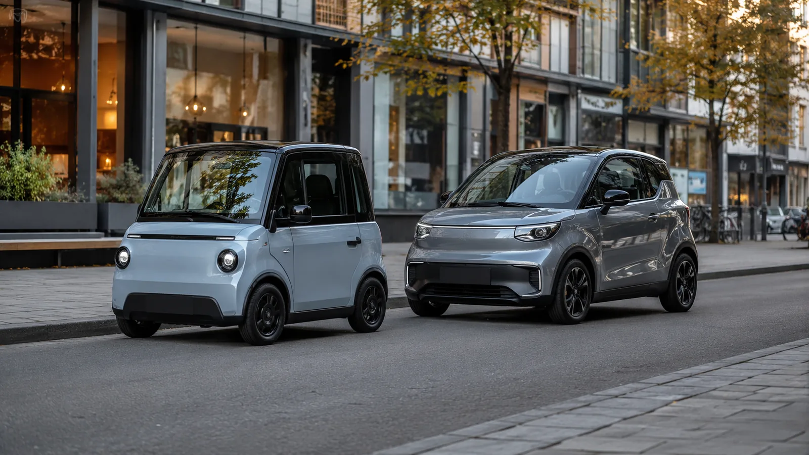 Zwei kompakte Elektro-Microcars nebeneinander in einer deutschen Stadtstraße