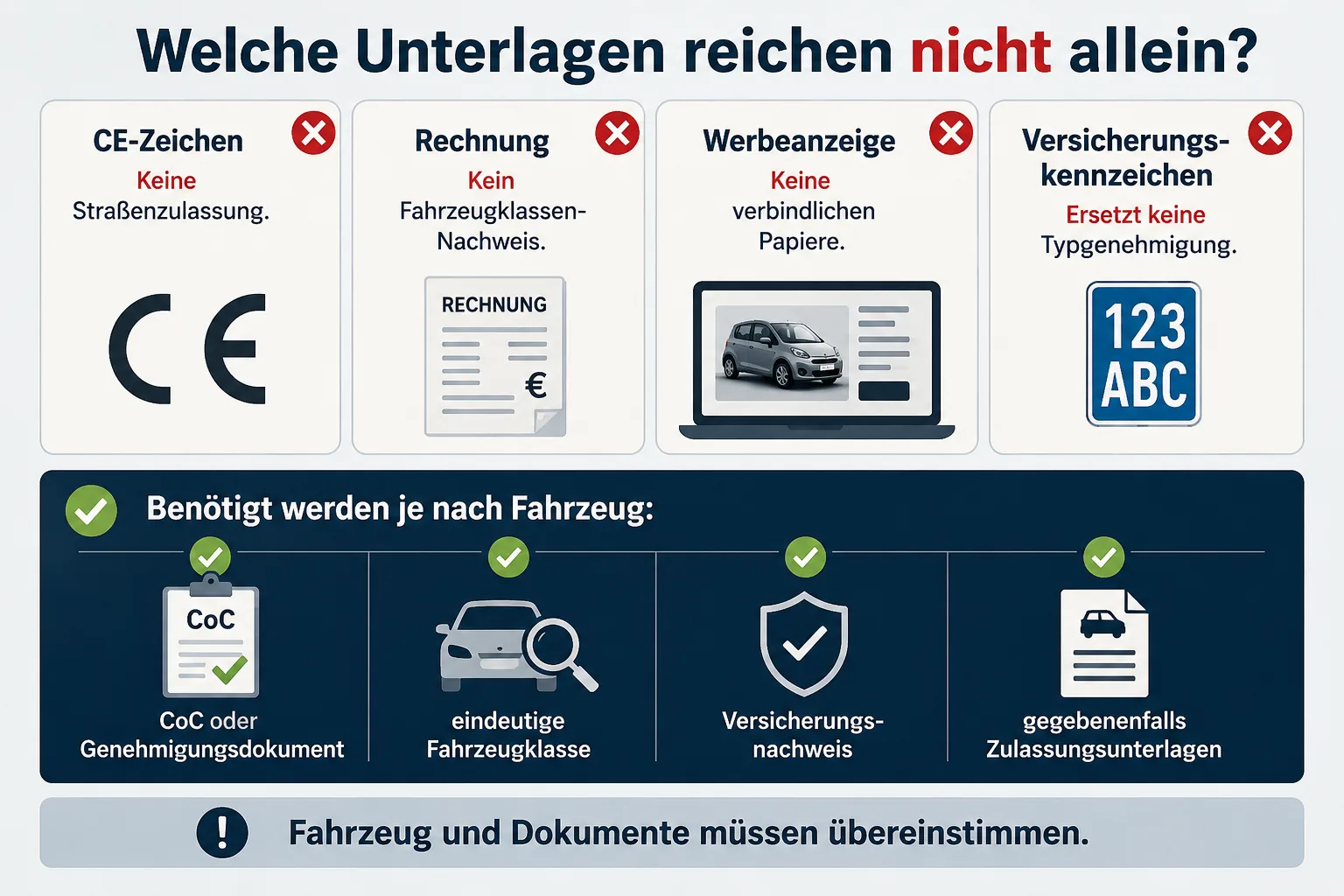 Welche Unterlagen bei einem Elektro-Microcar nicht allein als Nachweis genügen: CE-Zeichen, Rechnung, Werbeanzeige und Versicherungskennzeichen