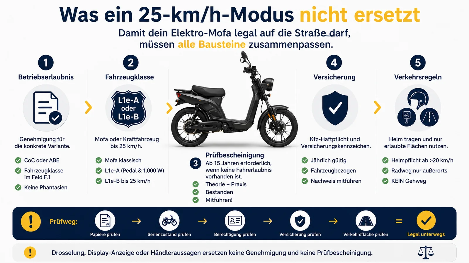 Was ein 25-km/h-Modus nicht ersetzt: Betriebserlaubnis, Fahrzeugklasse, Prüfbescheinigung, Versicherung und Verkehrsregeln