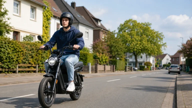 Jugendlicher Fahrer mit Schutzhelm auf einem elektrischen Mofa mit Sitz auf einer ruhigen oeffentlichen Strasse