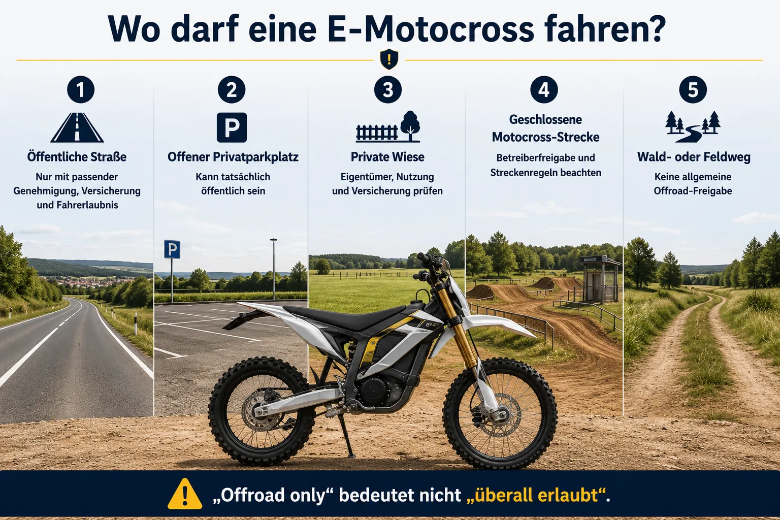 Infografik: Wo darf eine E-Motocross fahren – Straße, Parkplatz, Wiese, Strecke, Waldweg im Vergleich