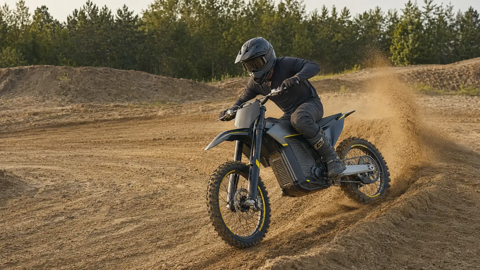 Fahrer driftet mit Elektro-Motocross-Maschine durch eine Sandkurve