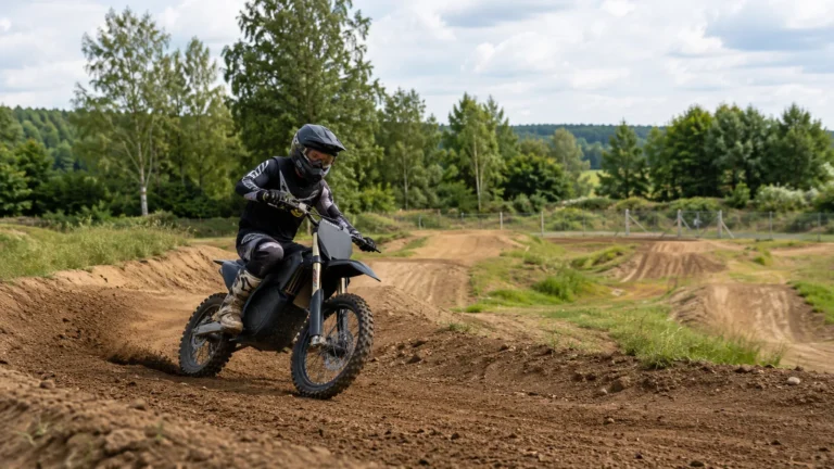 Fahrer auf Elektro-Motocross mit voller Schutzausrüstung auf eingezäunter Motocross-Strecke