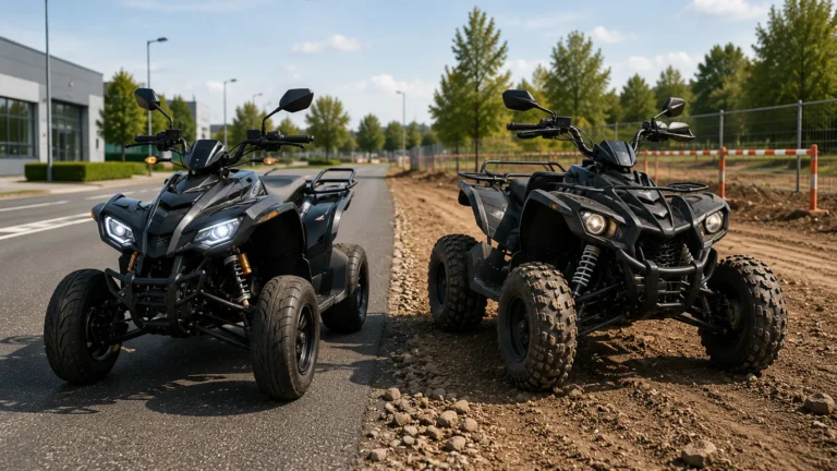 Straßenorientiertes und geländeorientiertes Elektro-Quad auf einer Testfläche