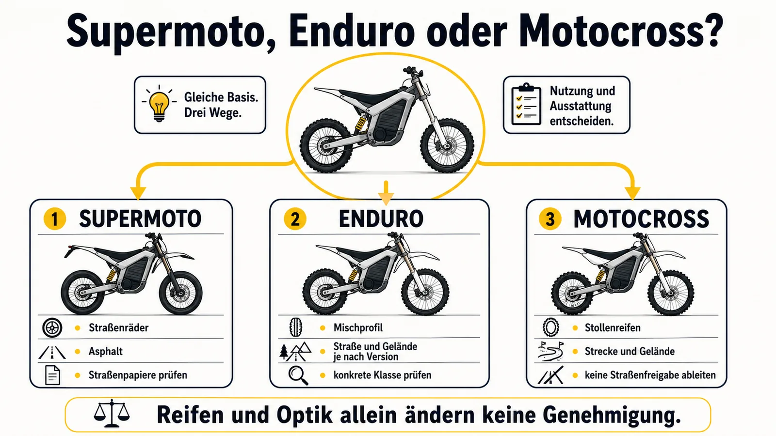 Drei Nutzungspfade zur Abgrenzung von Elektro-Supermoto, E-Enduro und Elektro-Motocross