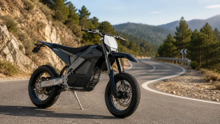 Elektrische Supermoto in realistischer Motorradbauart auf einer kurvigen Asphaltstraße
