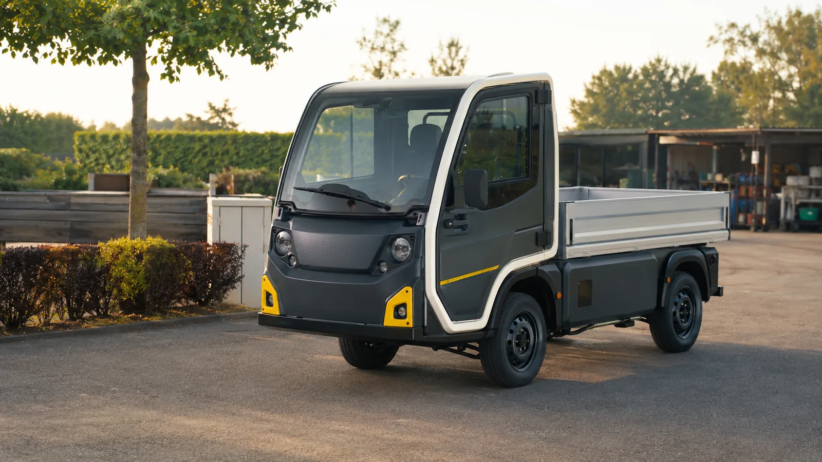 Elektro-Transporter mit Pritsche auf einem Betriebshof