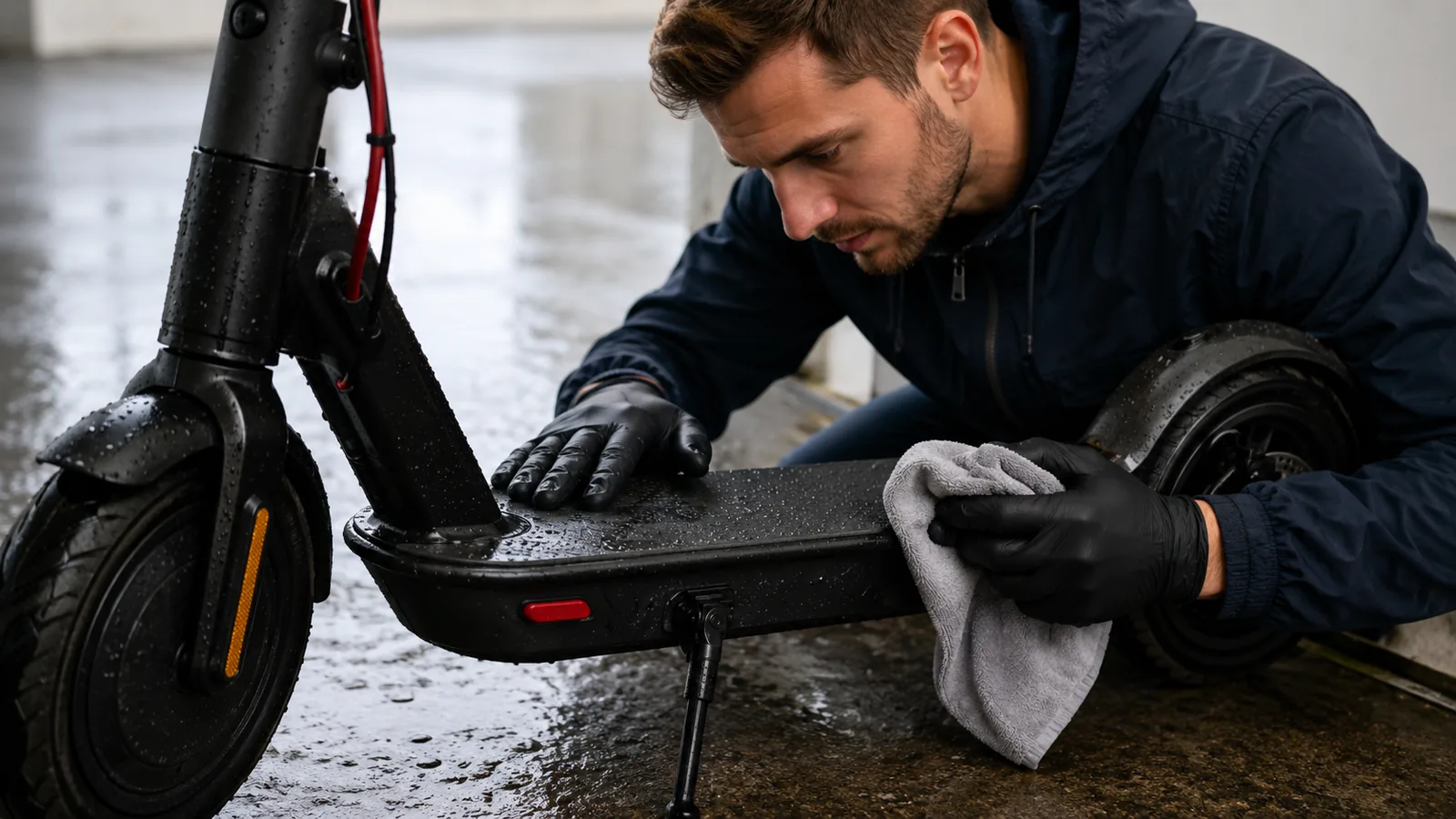 Mann mit Handschuhen trocknet das nasse Trittbrett eines E-Scooters mit einem Tuch