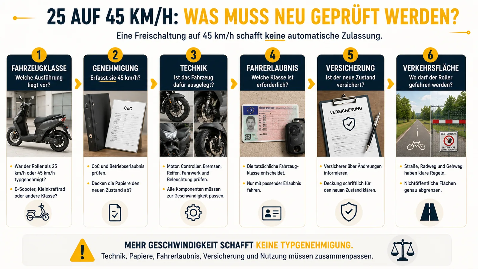 Sechs Prüfbereiche beim Umbau eines Elektrorollers von 25 auf 45 km/h
