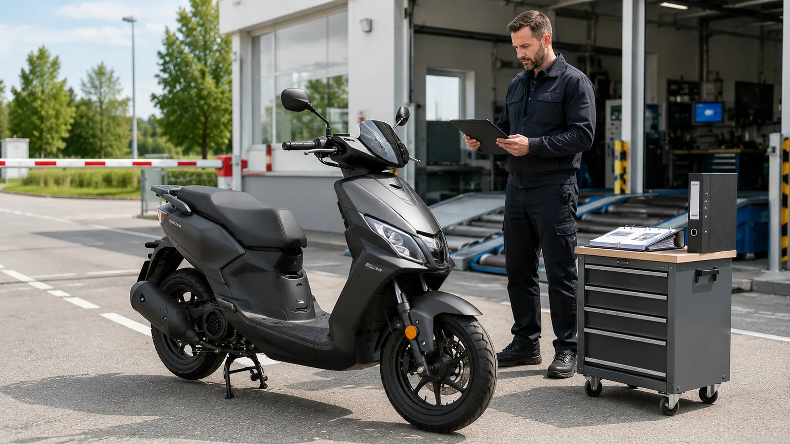 Elektroroller bei einer technischen Prüfung auf einer abgesperrten Testfläche