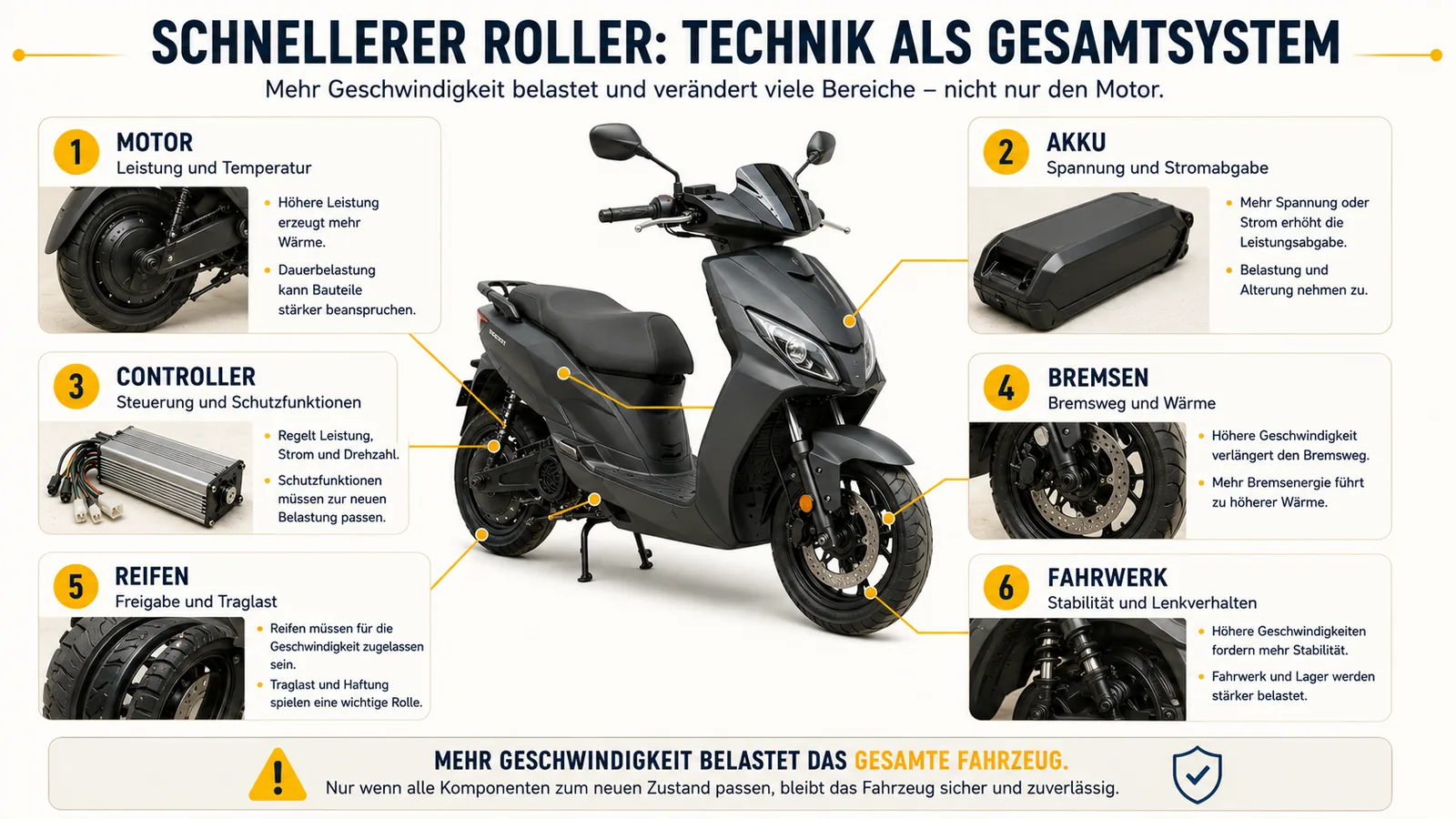 Motor, Akku, Controller, Bremsen, Reifen und Fahrwerk eines schnelleren Elektrorollers