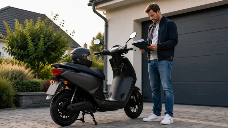Erwachsener Halter prueft Fahrzeugunterlagen neben einem sitzenden Elektroroller vor einer Garage, Helm auf dem Sitz