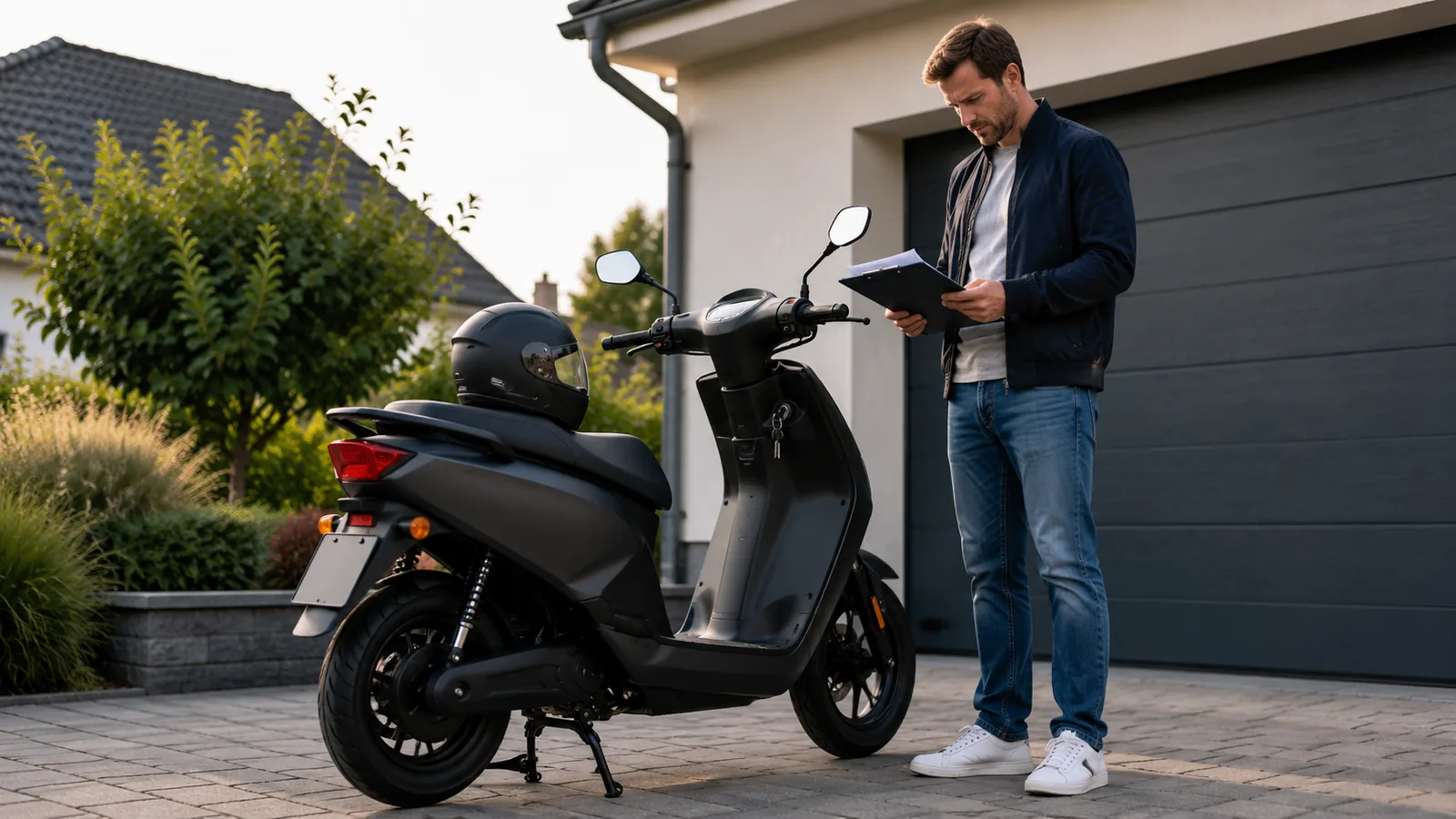 Erwachsener Halter prueft Fahrzeugunterlagen neben einem sitzenden Elektroroller vor einer Garage, Helm auf dem Sitz