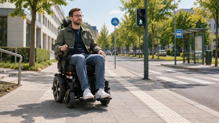 Person im Elektrorollstuhl auf einem barrierefreien Gehweg im deutschen Straßenverkehr