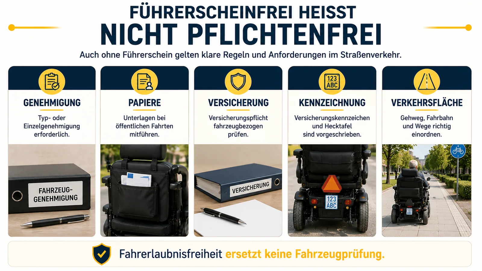 Genehmigung, Papiere, Versicherung, Kennzeichnung und Verkehrsfläche beim Elektrorollstuhl