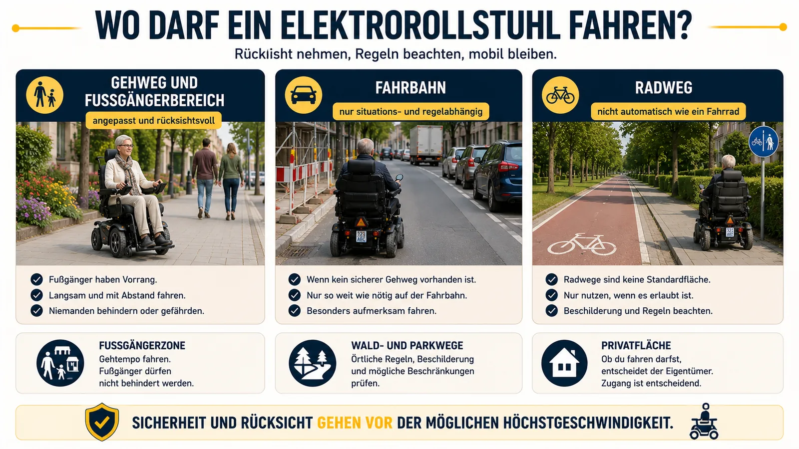 Gehweg, Fahrbahn und Radweg für Elektrorollstühle im Vergleich