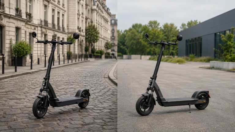 Zwei ähnliche E-Scooter im Vergleich, urban-europäisch und neutral, ohne Flaggen oder Text