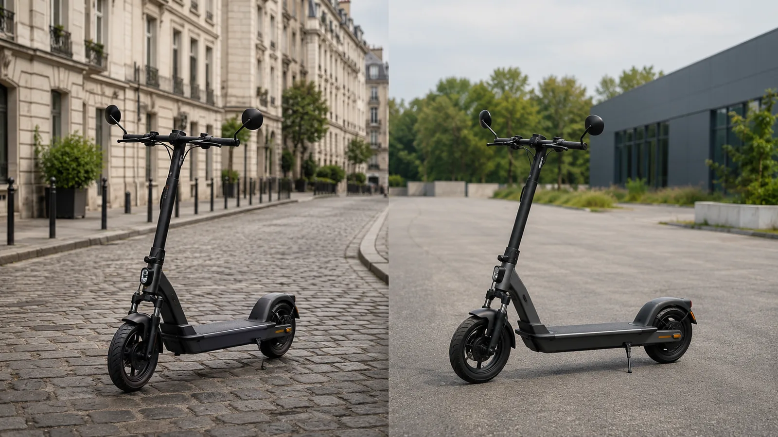 Zwei ähnliche E-Scooter im Vergleich, urban-europäisch und neutral, ohne Flaggen oder Text