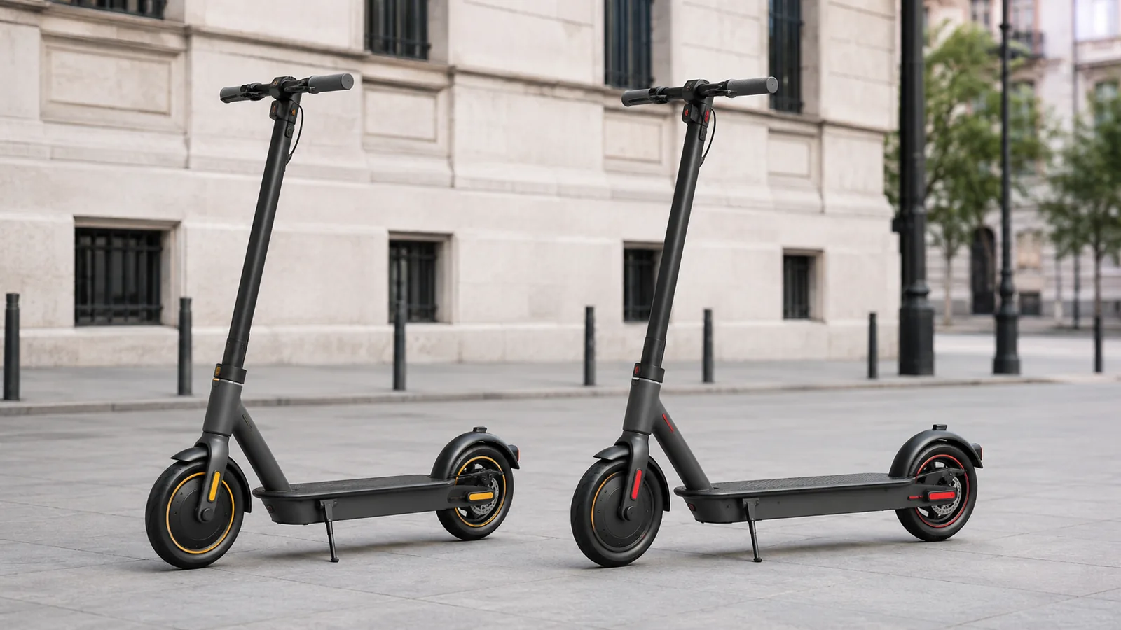 Zwei ähnliche E-Scooter vor europäischem Steingebäude, Vergleich EU- und internationale Version, ohne Flaggen