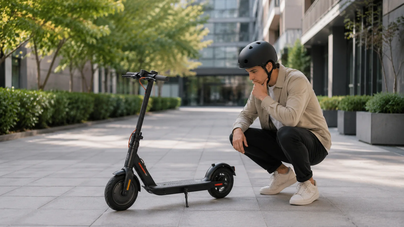 Person mit Helm kniet nachdenklich vor E-Scooter auf sauberem Hof, ruhige Prüf- und Korrektursituation