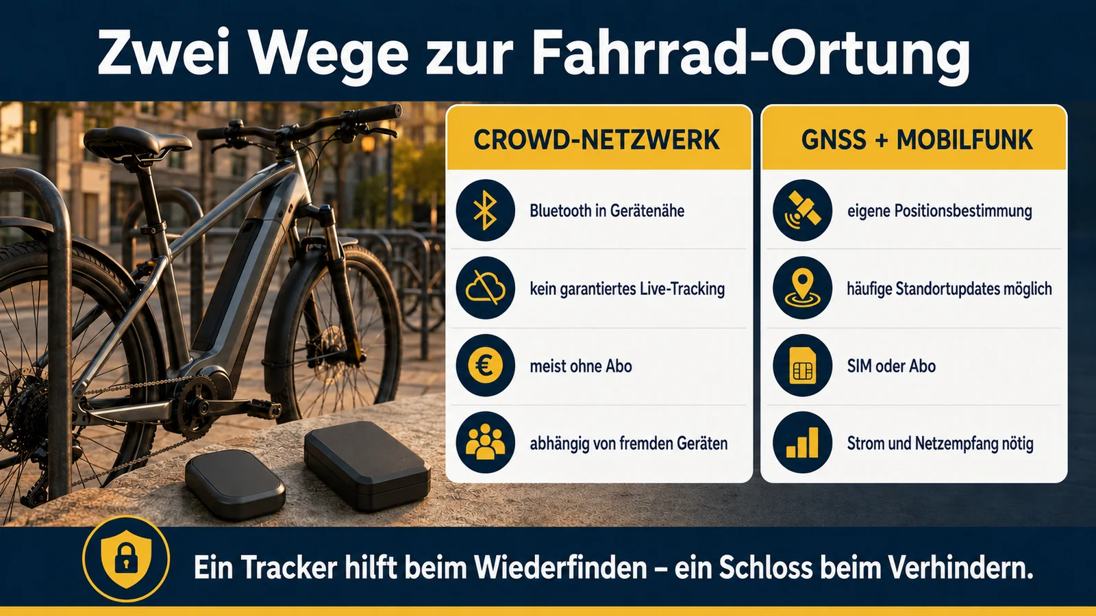 Infografik zwei Wege zur Fahrrad-Ortung: Crowd-Netzwerk gegen GNSS mit Mobilfunk