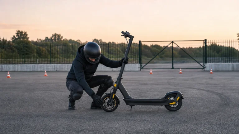 Person prüft mit Helm einen E-Scooter auf einer abgesperrten Testfläche