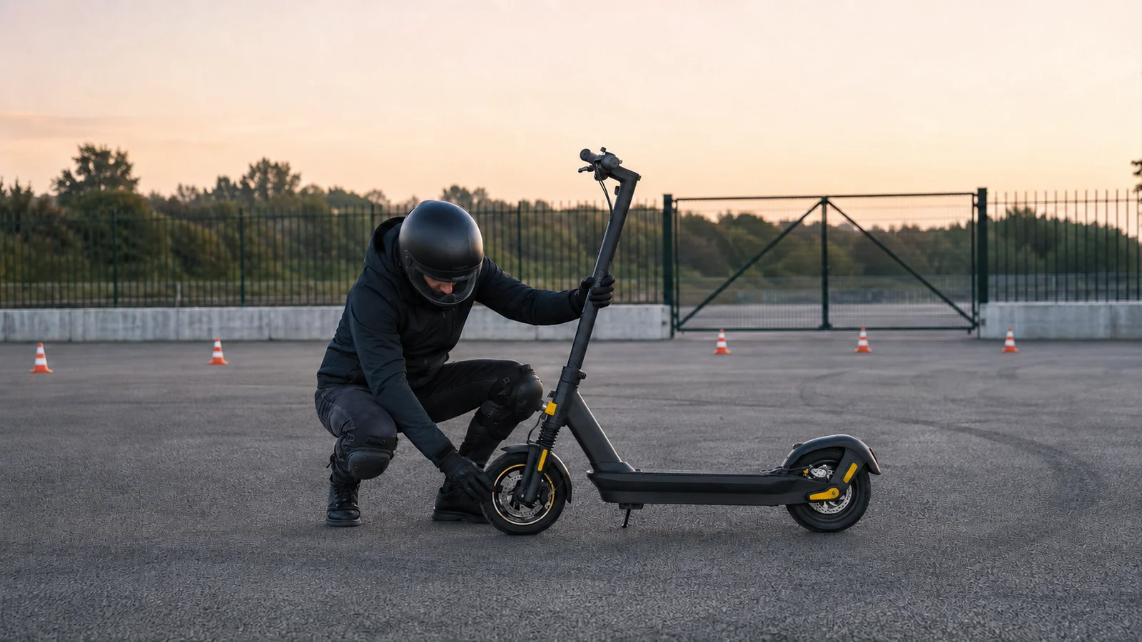 Person prüft mit Helm einen E-Scooter auf einer abgesperrten Testfläche