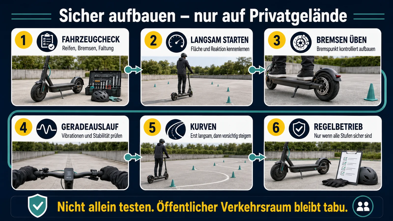 Infografik: sicher aufbauen nur auf Privatgelände – Fahrzeugcheck, langsam starten, Bremsen, Geradeauslauf, Kurven, Regelbetrieb