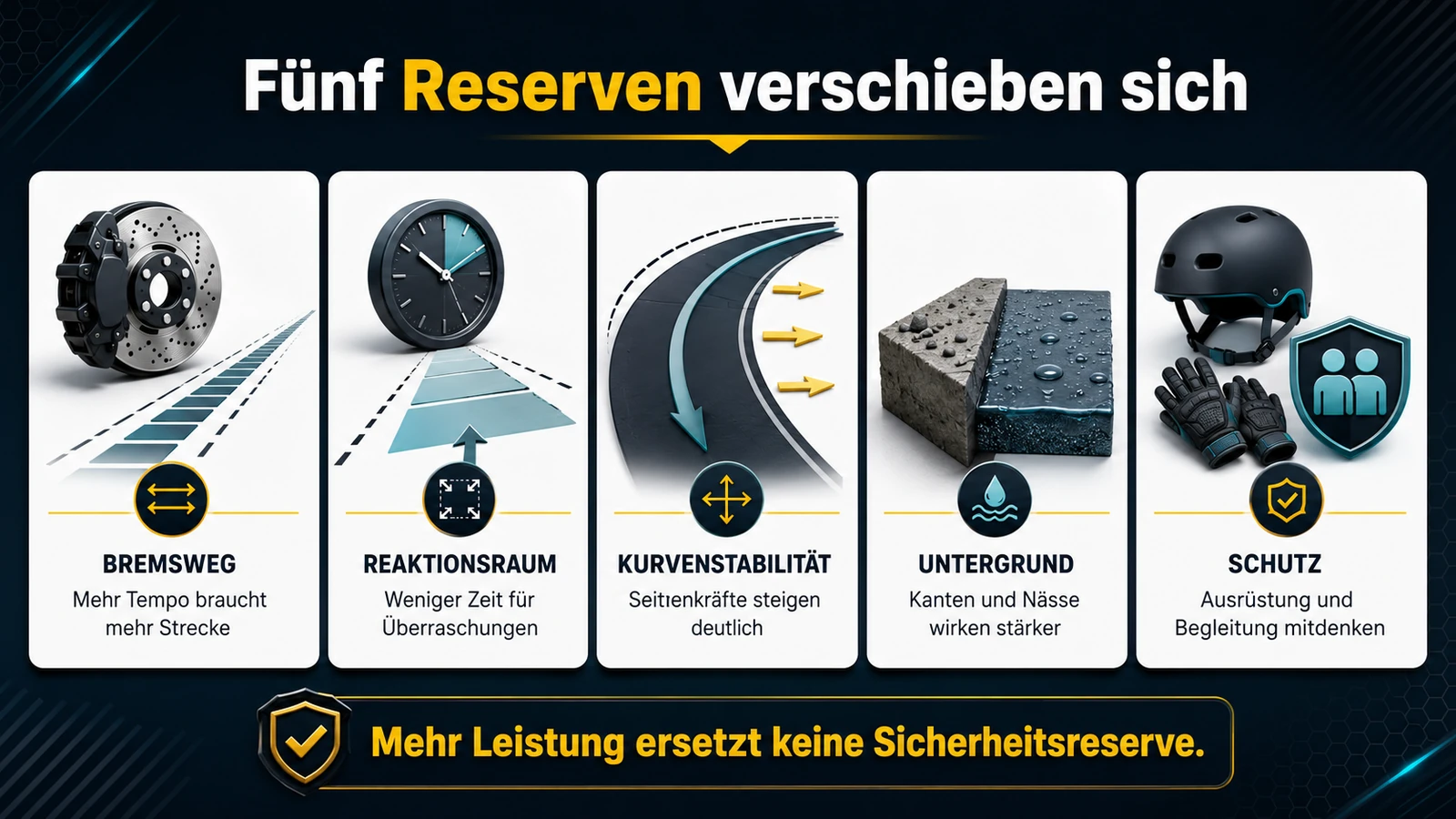 Infografik: fünf Sicherheitsreserven verschieben sich – Bremsweg, Reaktionsraum, Kurvenstabilität, Untergrund, Schutz
