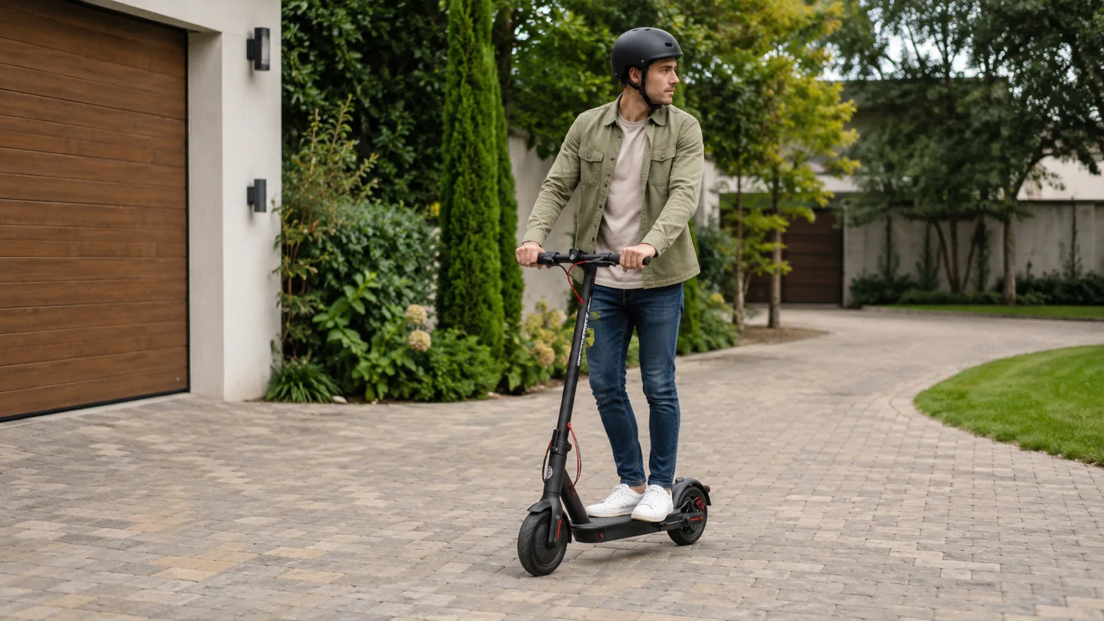 Fahrer mit Helm auf E-Scooter auf ruhiger Hofzufahrt, aufrechte Fahrhaltung ohne Speed-Szene