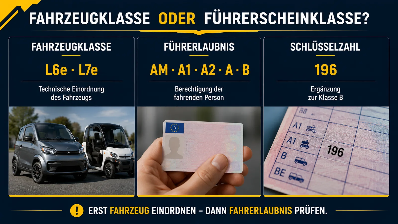 Unterschied zwischen Fahrzeugklasse, Fahrerlaubnisklasse und Schlüsselzahl 196