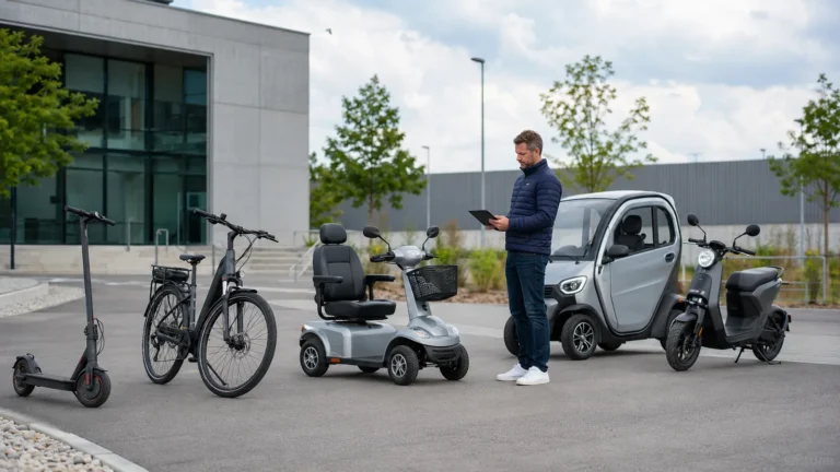 Person mit Tablet prüft mehrere leichte Elektrofahrzeuge – E-Scooter, Pedelec, Seniorenmobil, Microcar und Elektro-Moped – auf einem neutralen Mobilitätsareal