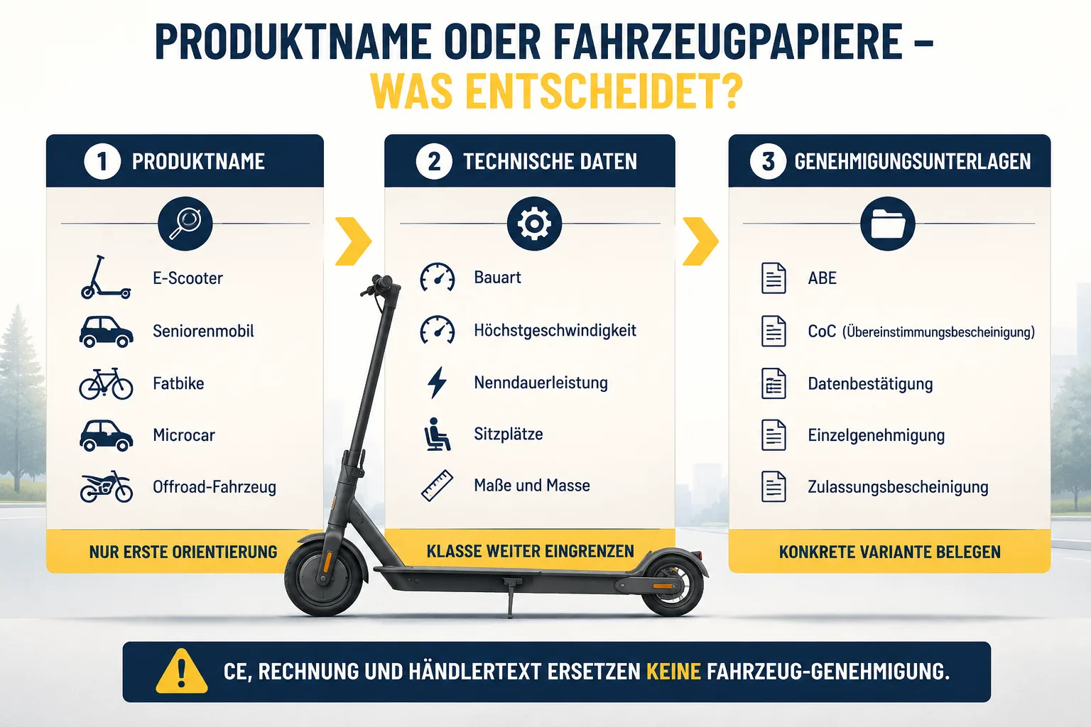 Infografik: Produktname oder Fahrzeugpapiere – der Trichter von der Handelsbezeichnung über technische Daten zu den Genehmigungsunterlagen