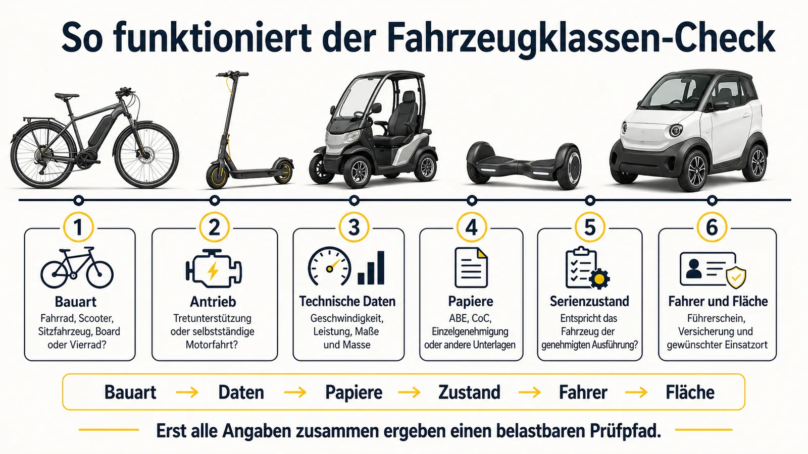 Infografik: So funktioniert der Fahrzeugklassen-Check in sechs Schritten von Bauart über technische Daten und Papiere bis zu Fahrer und Fläche