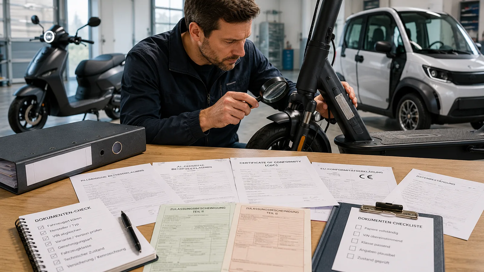 Fahrzeugpapiere für ein E-Fahrzeug: ABE, CoC, Betriebserlaubnis und Datenbestätigung nebeneinander als Dokumentenübersicht