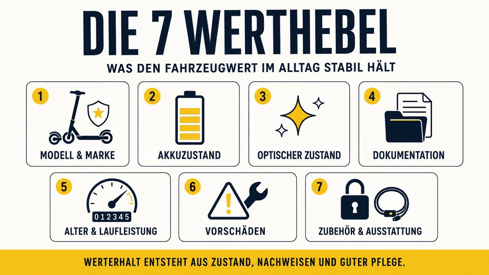 Infografik zu sieben Hebeln für den Werterhalt eines E-Scooters