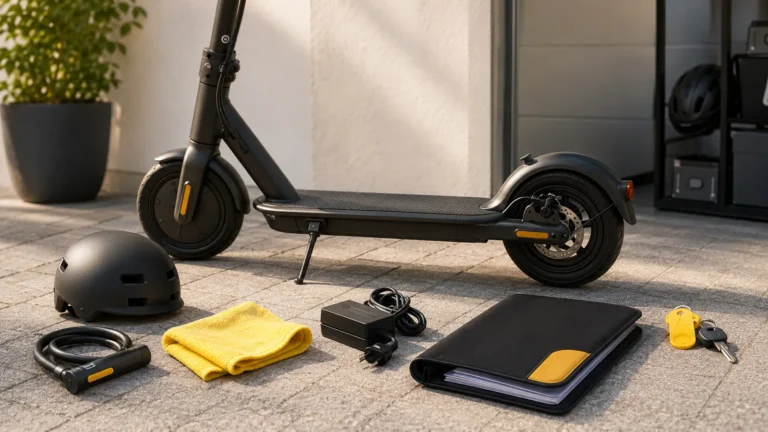 Gepflegter E-Scooter mit Schloss, Ladegerät und Dokumentenmappe zur Werterhaltung