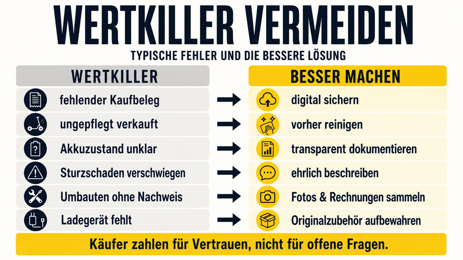 Infografik zu typischen Wertkillern beim E-Scooter-Wiederverkauf