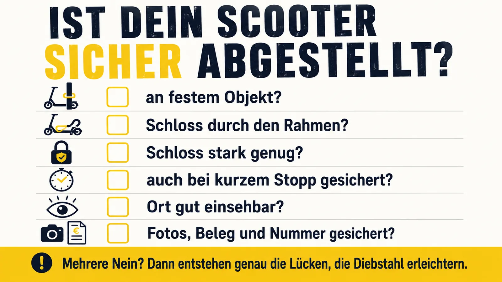 Selbstcheck zum sicheren Abstellen und Anschließen eines E-Scooters