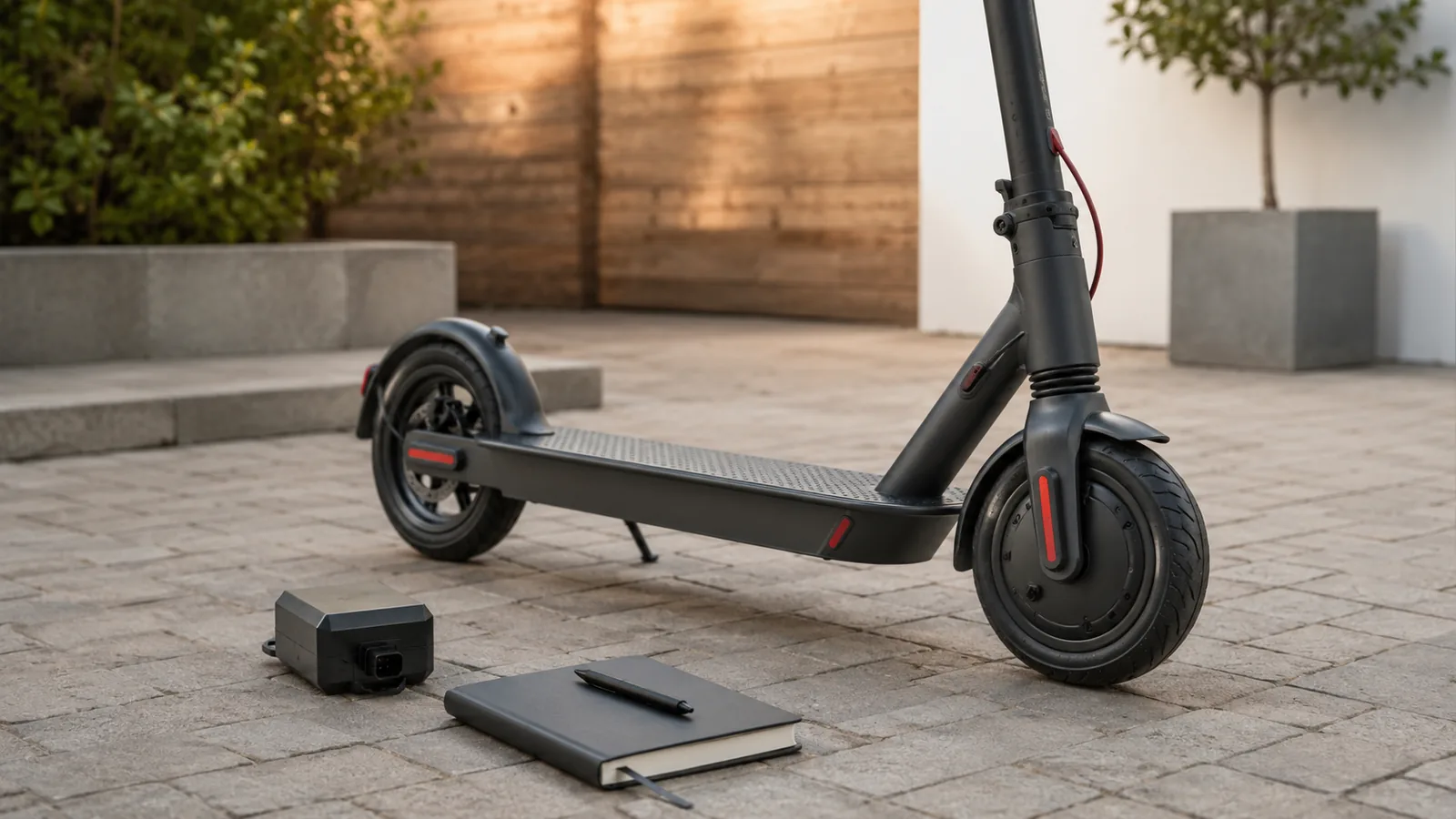 E-Scooter von hinten auf gepflastertem Hof, daneben neutrales Technikmodul und geschlossener Notizblock, Prüfsituation